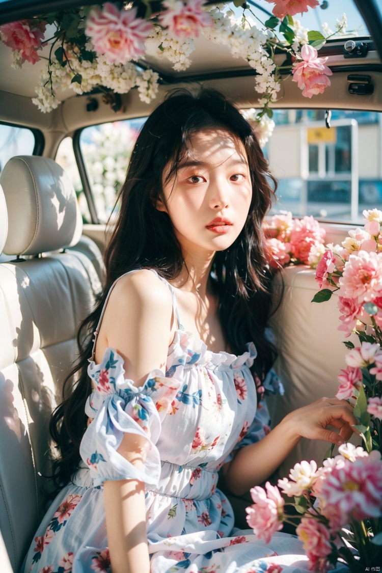 (Masterpiece, best quality: 1.2), illustration, absurdity, high-level, extremely detailed, 1 girl, sitting in the trunk full of flowers, white long curly hair, elegant hair, powder blusher, facial focus, bubble sleeve dress dress, surrounded by flowers, colorful flowers, natural posture, holiday style, depth of field, simulation film, super details, dreamlike lofi photography, colorful, covered with flowers and vines, internal view, Shooting on the fuiifilm XT4,

