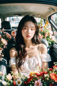 (Masterpiece, best quality: 1.2), illustration, absurdity, high-level, extremely detailed, an 18-year-old lovely girl, sitting in a car full of flowers, white long curly hair, elegant hair, powder blusher, facial focus, blue off shoulder dress, surrounded by flowers, natural posture, holiday style, depth of field, simulation film, super details, dreamy lofi photography, colorful, covered with flowers and vines, interior view, shot on fuiifilm XT4,

