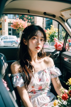 (Masterpiece, best quality: 1.2), illustration, absurdity, high-level, extremely detailed, an 18-year-old lovely girl, sitting in a car full of flowers, white long curly hair, elegant hair, powder blusher, facial focus, blue off shoulder dress, surrounded by flowers, natural posture, holiday style, depth of field, simulation film, super details, dreamy lofi photography, colorful, covered with flowers and vines, interior view, shot on fuiifilm XT4,

