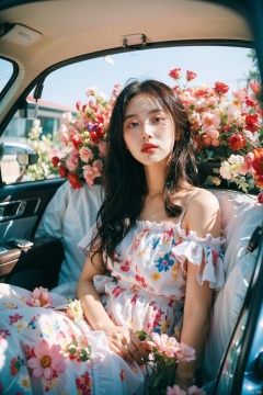 (Masterpiece, best quality: 1.2), illustration, absurdity, high-level, extremely detailed, 1 girl, sitting in the trunk full of flowers, white long curly hair, elegant hair, powder blusher, facial focus, bubble sleeve dress dress, surrounded by flowers, colorful flowers, natural posture, holiday style, depth of field, simulation film, super details, dreamlike lofi photography, colorful, covered with flowers and vines, internal view, Shooting on the fuiifilm XT4,

