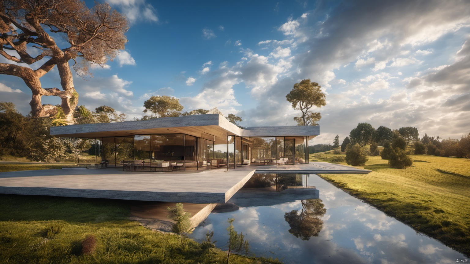  (Villa 1.5),(),(),
Overlooking,(Representative), (boutique), Ultra HD, 
, reflection, masterpiece, true light and shadow, wide Angle, outdoors, sky, day, cloud, 
, tree, blue sky, no humans, nature, scenery, SDXL, Villa
