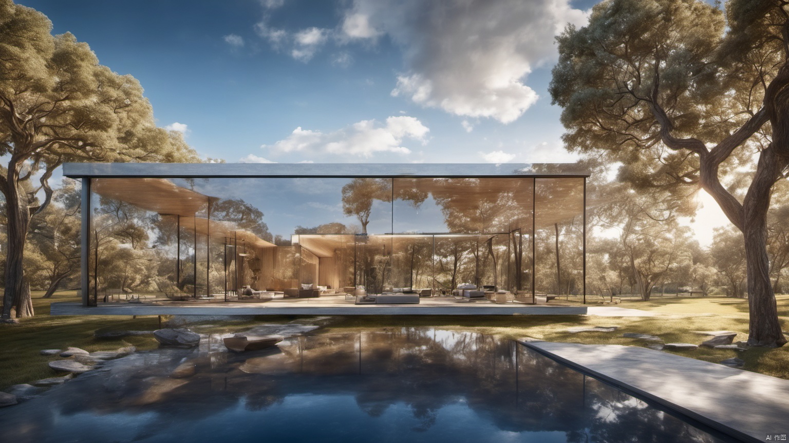  (Villa 1.5),(),(),
Overlooking,(Representative), (boutique), Ultra HD, 
, reflection, masterpiece, true light and shadow, wide Angle, outdoors, sky, day, cloud, 
, tree, blue sky, no humans, nature, scenery, SDXL, Villa