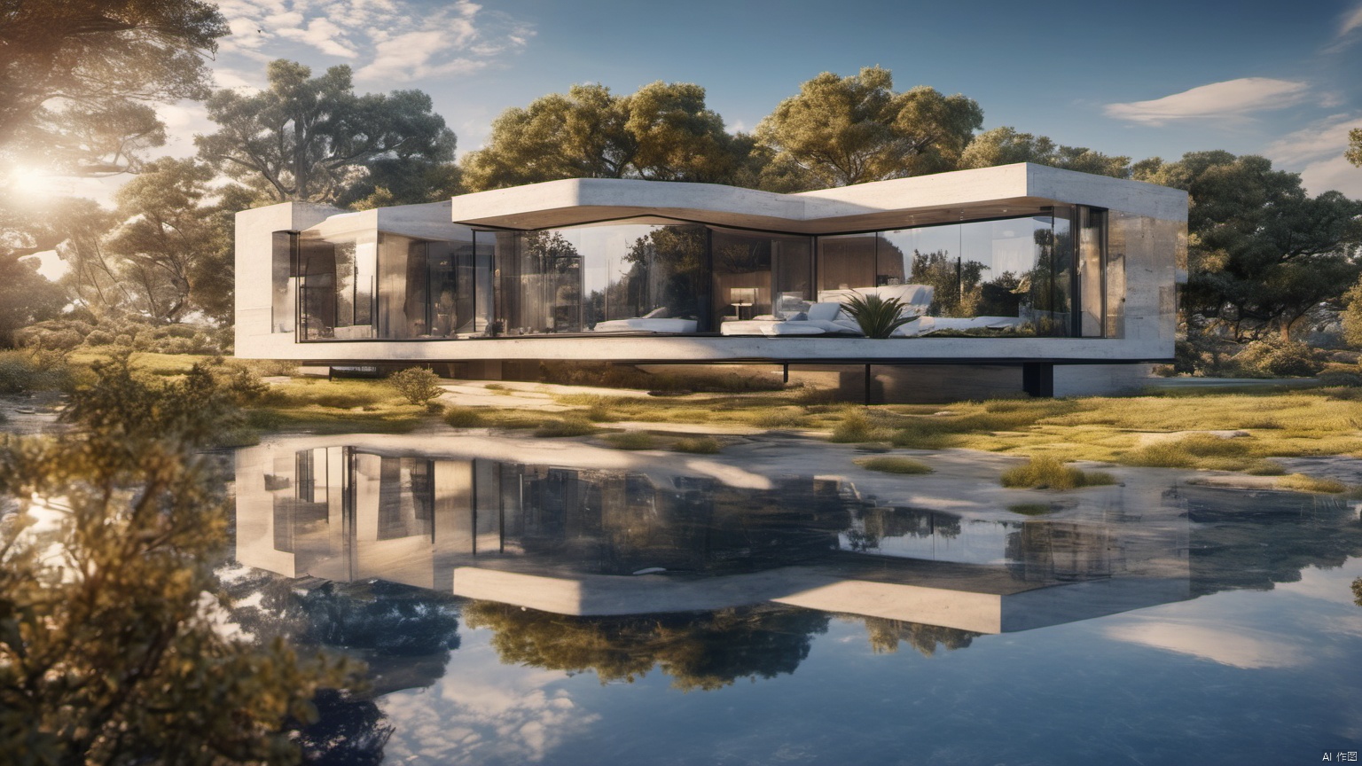  (Villa 1.5),(),(),
Overlooking,(Representative), (boutique), Ultra HD, 
, reflection, masterpiece, true light and shadow, wide Angle, outdoors, sky, day, cloud, 
, tree, blue sky, no humans, nature, scenery, SDXL, Villa