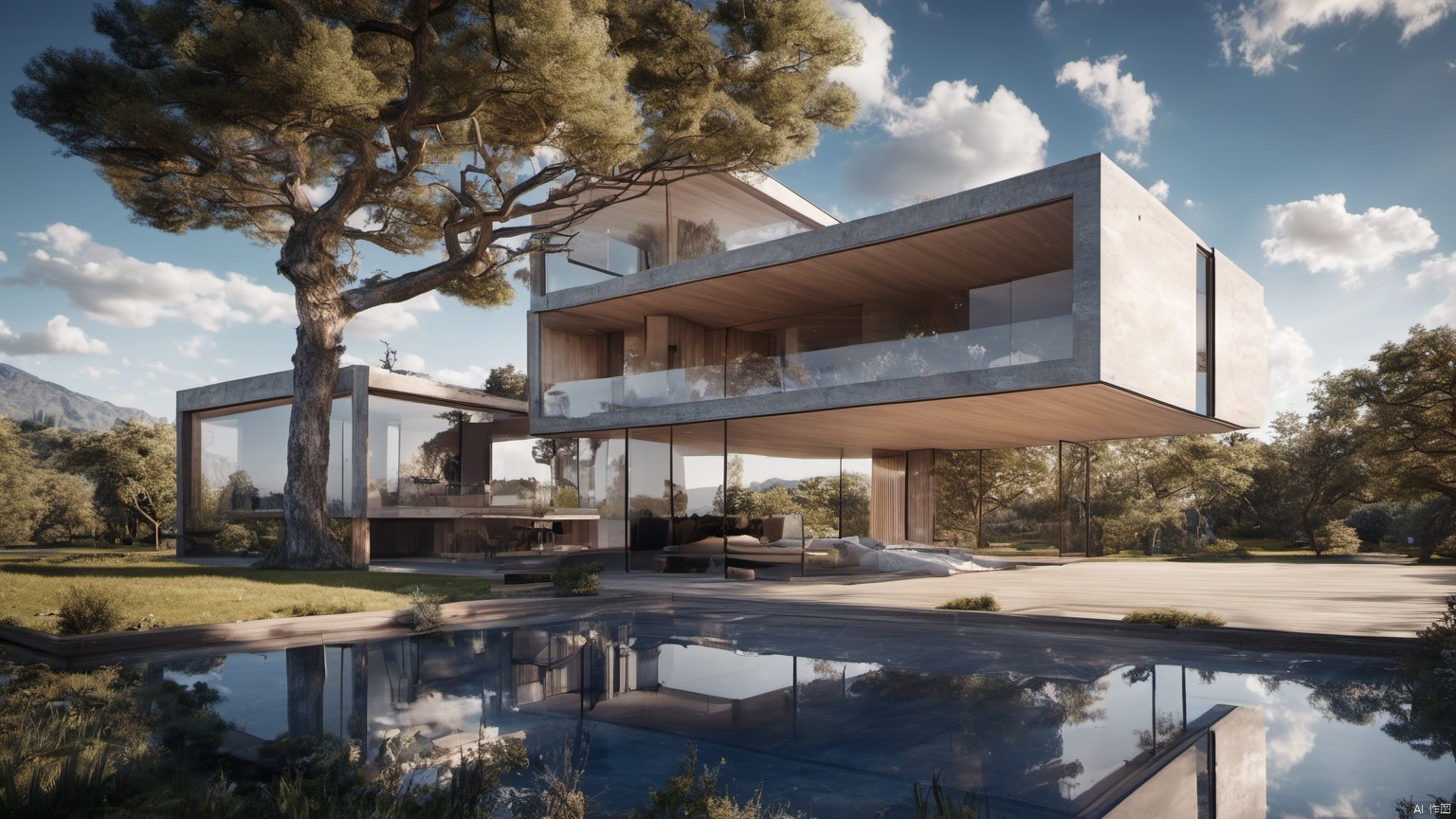  (Villa 1.5),(),(),
Overlooking,(Representative), (boutique), Ultra HD, 
, reflection, masterpiece, true light and shadow, wide Angle, outdoors, sky, day, cloud, 
, tree, blue sky, no humans, nature, scenery, SDXL, Villa