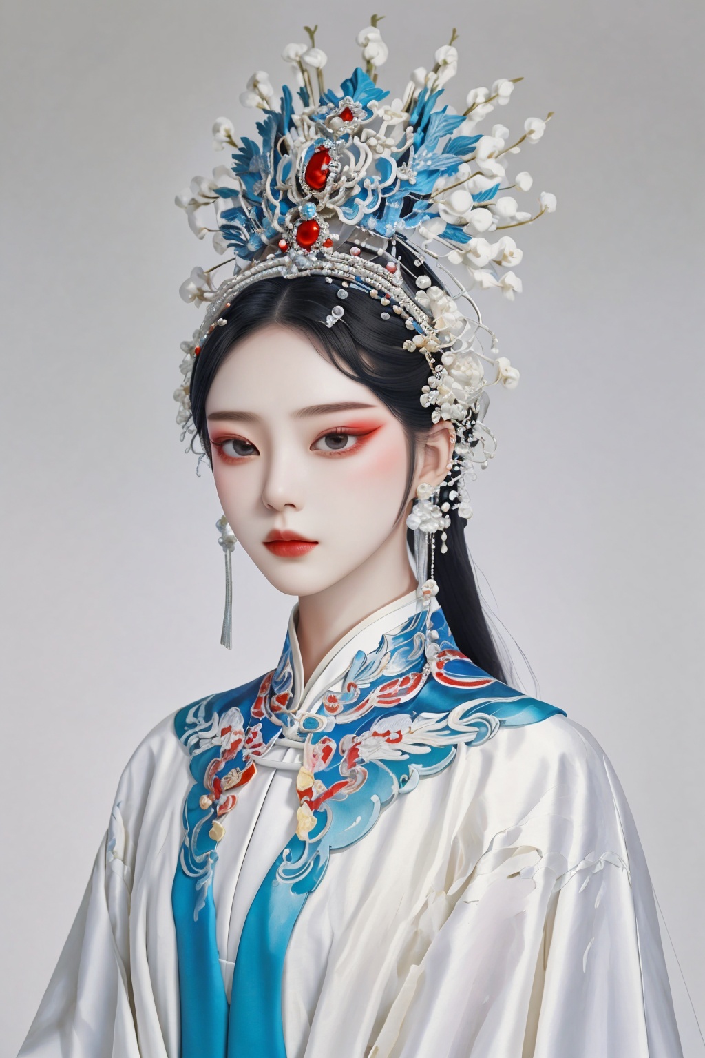 guofenghd ,1girl,close-up,costume,peking opera costumes,dramatic headwear,elegant temperament,exquisite facial features,exquisite makeup,white costume,large area blank space,simple background,dreamlike,minimalism,colored lead,traditional chinese realistic painting,ray tracing,16k,HD,highres,great work,masterpiece,extreme detail,