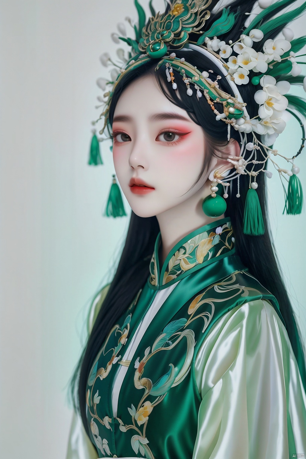 guofenghd ,1girl,close-up,costume,peking opera costumes,dramatic headwear,elegant temperament,exquisite facial features,exquisite makeup,malachite green costume,large area blank space,simple background,dreamlike,minimalism,colored lead,traditional chinese realistic painting,ray tracing,16k,HD,highres,great work,masterpiece,extreme detail,full body, guofenghd, girl<lora:EMS-323669-EMS:0.800000>
