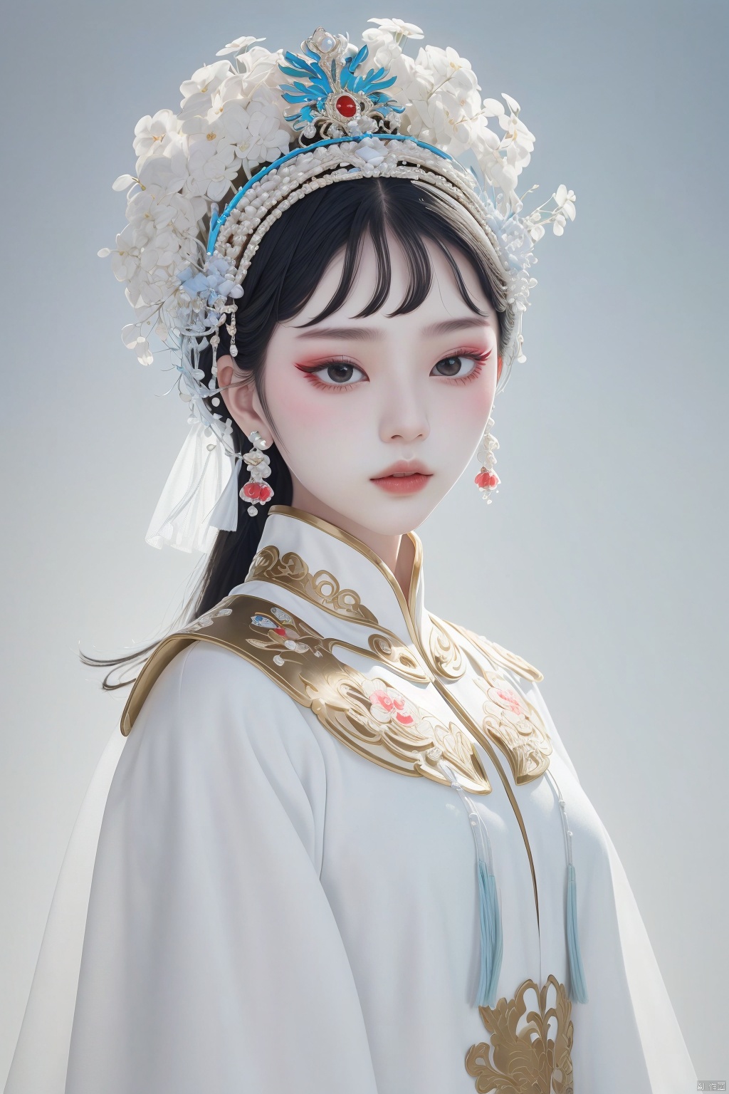 guofenghd ,1girl,close-up,costume,peking opera costumes,dramatic headwear,elegant temperament,exquisite facial features,exquisite makeup,white costume,large area blank space,simple background,dreamlike,minimalism,colored lead,traditional chinese realistic painting,ray tracing,16k,HD,highres,great work,masterpiece,extreme detail<lora:EMS-323669-EMS:0.700000>