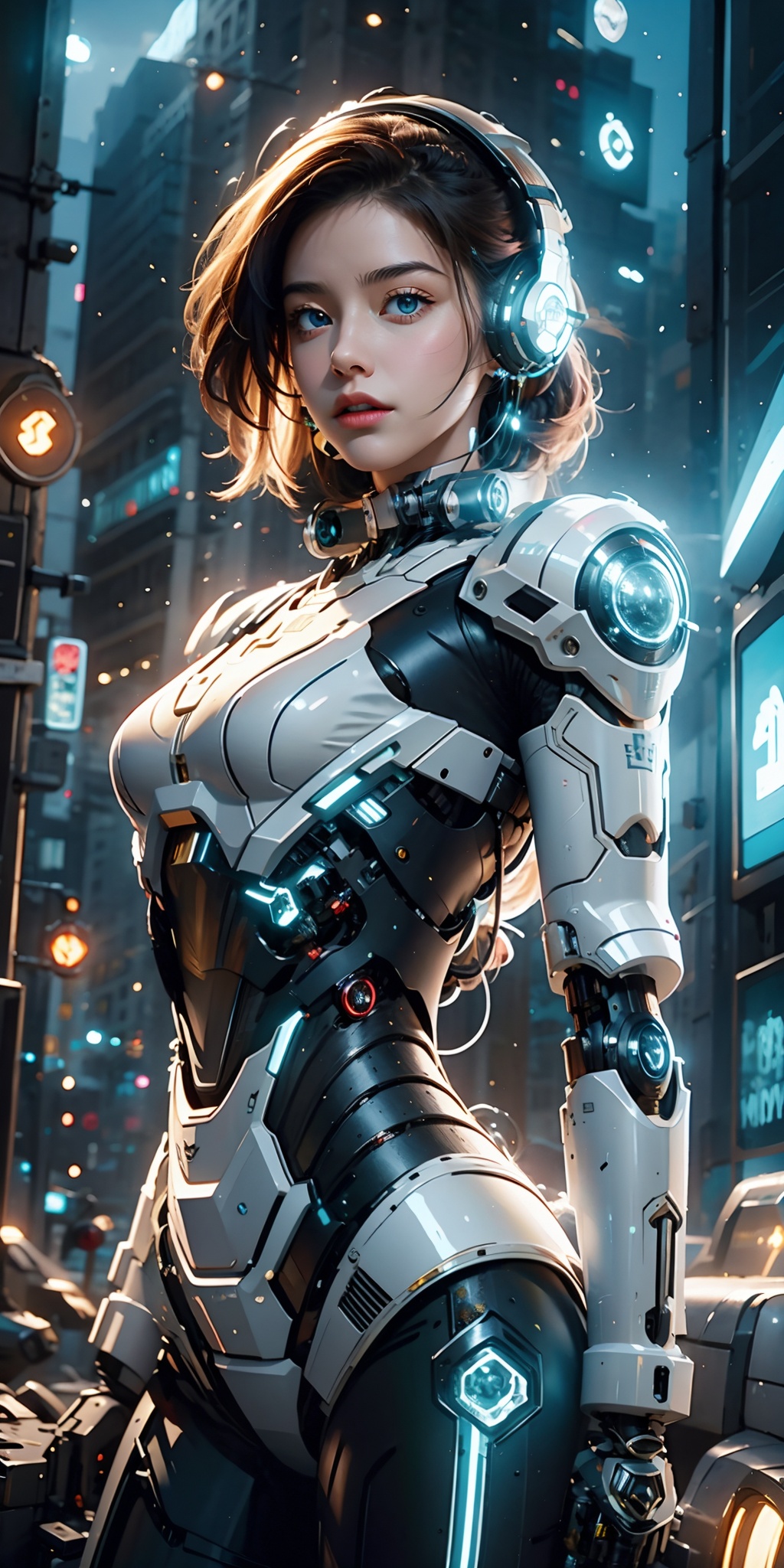 (best quality:1.3),(masterpiece:1.2),16k,1girl,blue eyes,brown hair,glowing,headphones,headset,looking at viewer,mecha,medium breasts,parted lips,Complex structure mecha,Blue glowing text on the chest,Full body silver white and black mecha,Metal mechanical collar,Robot arm,front,realistic,science fiction,short hair,solo,upper body,Above the abdomen,Mecha,Hard surface,Realistic materials,Glowing mecha,Multi light source mecha,night