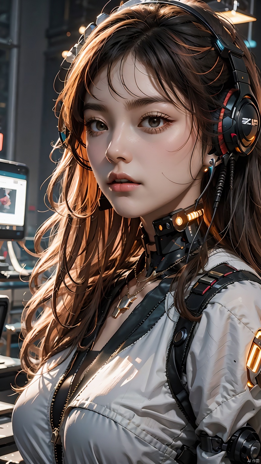 1girl,Cyberpunk,headset,Mechanical earphones,Mechanical necklace,Orange gradient hair,Fragmented mechanical neck guard,Oblique side close-up,Black mecha,Full body mecha,Looking at the camera,Knitted fabric near the shoulders,Fragmented mecha,Technological background,Mechanical body,Super complex mechanical structure,Multiple light sources on the body,Orange long hair,indoor, 1girl,Cyberpunk,Mechanical earphones