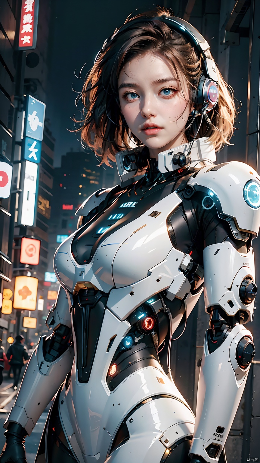  (best quality:1.3),(masterpiece:1.2),16k,1girl,blue eyes,brown hair,glowing,headphones,headset,looking at viewer,mecha,medium breasts,parted lips,Complex structure mecha,Blue glowing text on the chest,Full body silver white and black mecha,Metal mechanical collar,Robot arm,front,realistic,science fiction,short hair,solo,upper body,Above the abdomen,Mecha,Hard surface,Realistic materials,Glowing mecha,Multi light source mecha,night, 1girl