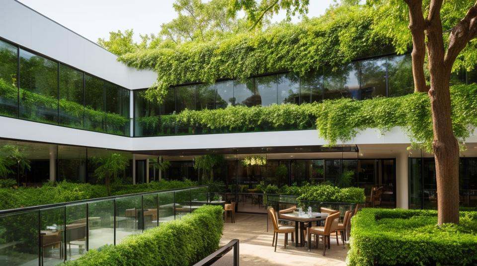 Restaurant with glass,  tables and chair,  green wall and on Tensor.Art