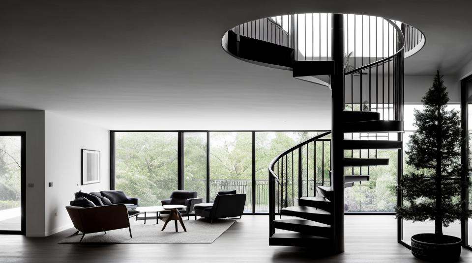 a spiral staircase in a dark room with a tree on Tensor.Art