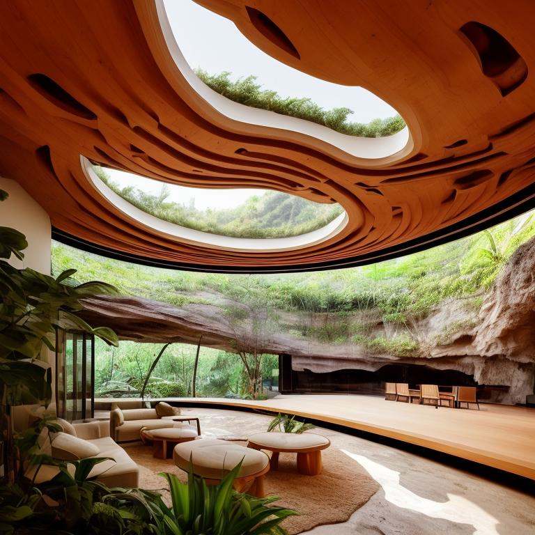 a modern building with cave,  ceiling,  lots of plants and room with wooden floor on Tensor.Art