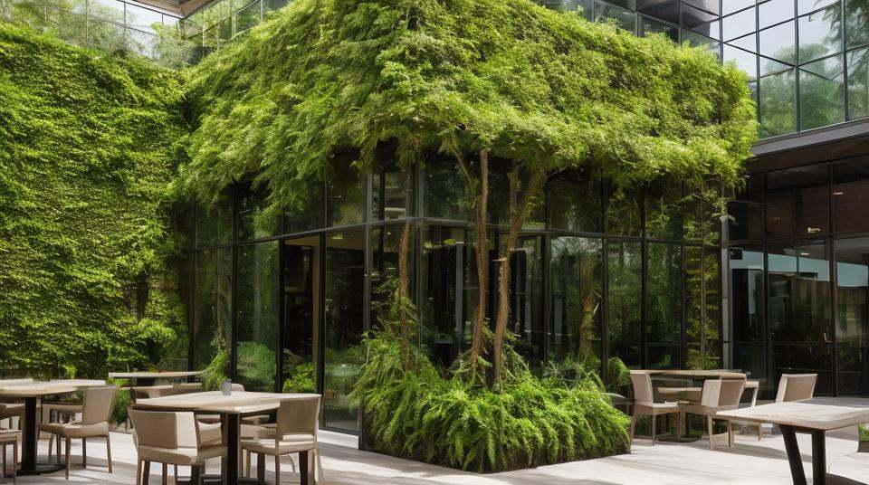 Restaurant with glass,  tables and chair,  green wall and on Tensor.Art