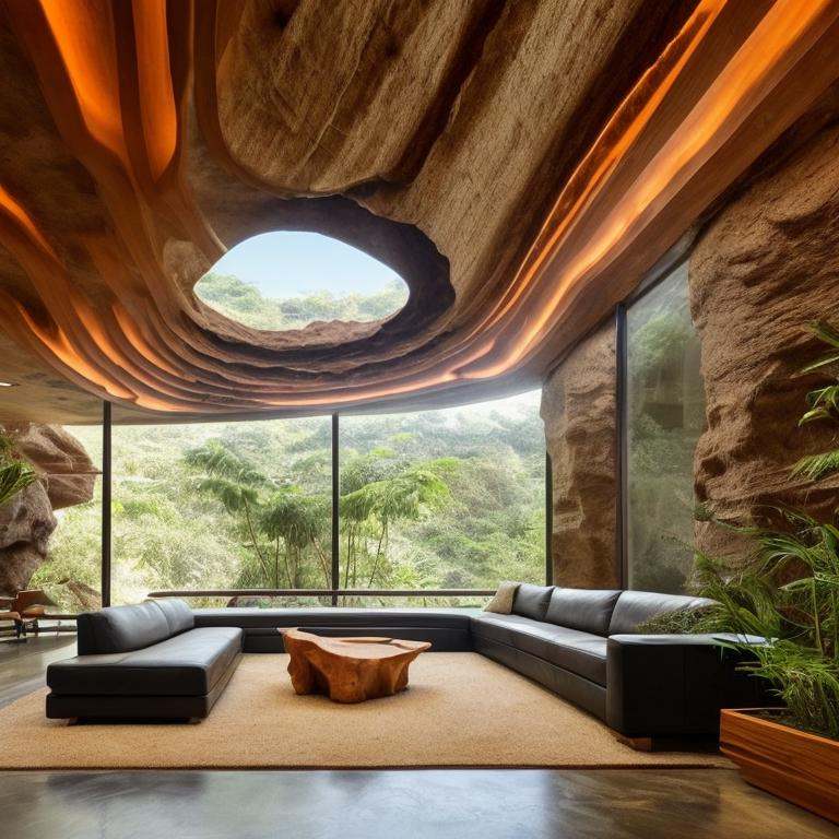 a modern building with cave,  ceiling,  lots of plants and room with wooden floor on Tensor.Art