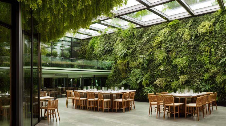 Restaurant with glass,  tables and chair,  green wall and on Tensor.Art