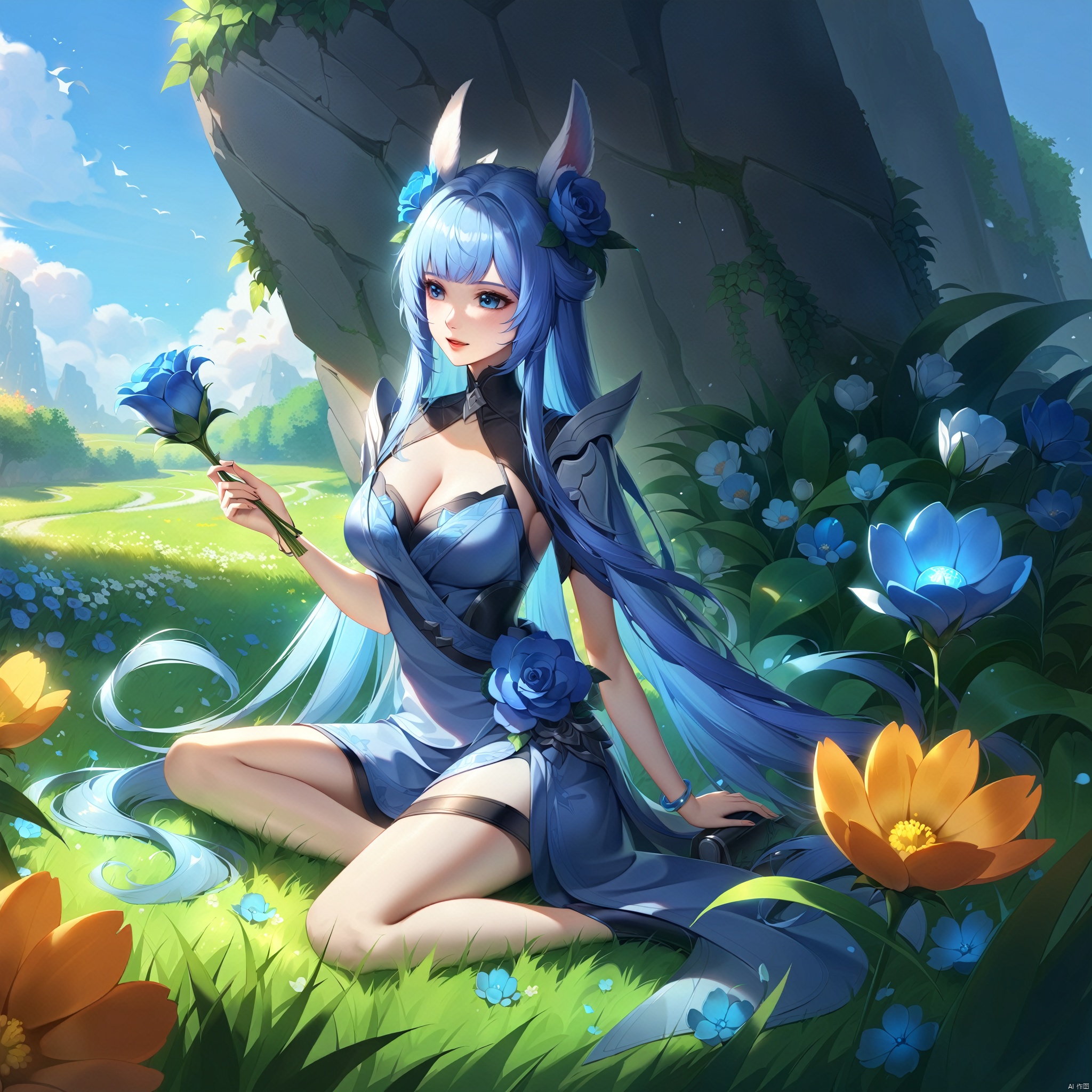 wzgongsunli_f,flower, long_hair, blue_flower, grass, 1girl, breasts, very_long_hair, solo, sitting, blue_rose, cleavage
