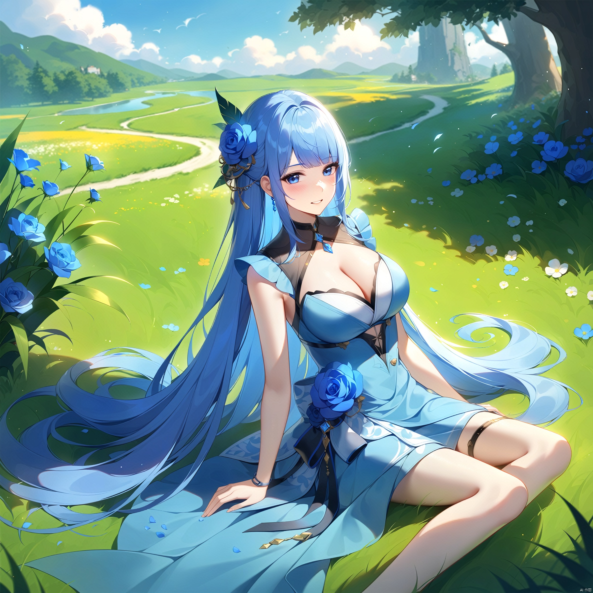 wzgongsunli_f,flower, long_hair, blue_flower, grass, 1girl, breasts, very_long_hair, solo, sitting, blue_rose, cleavage