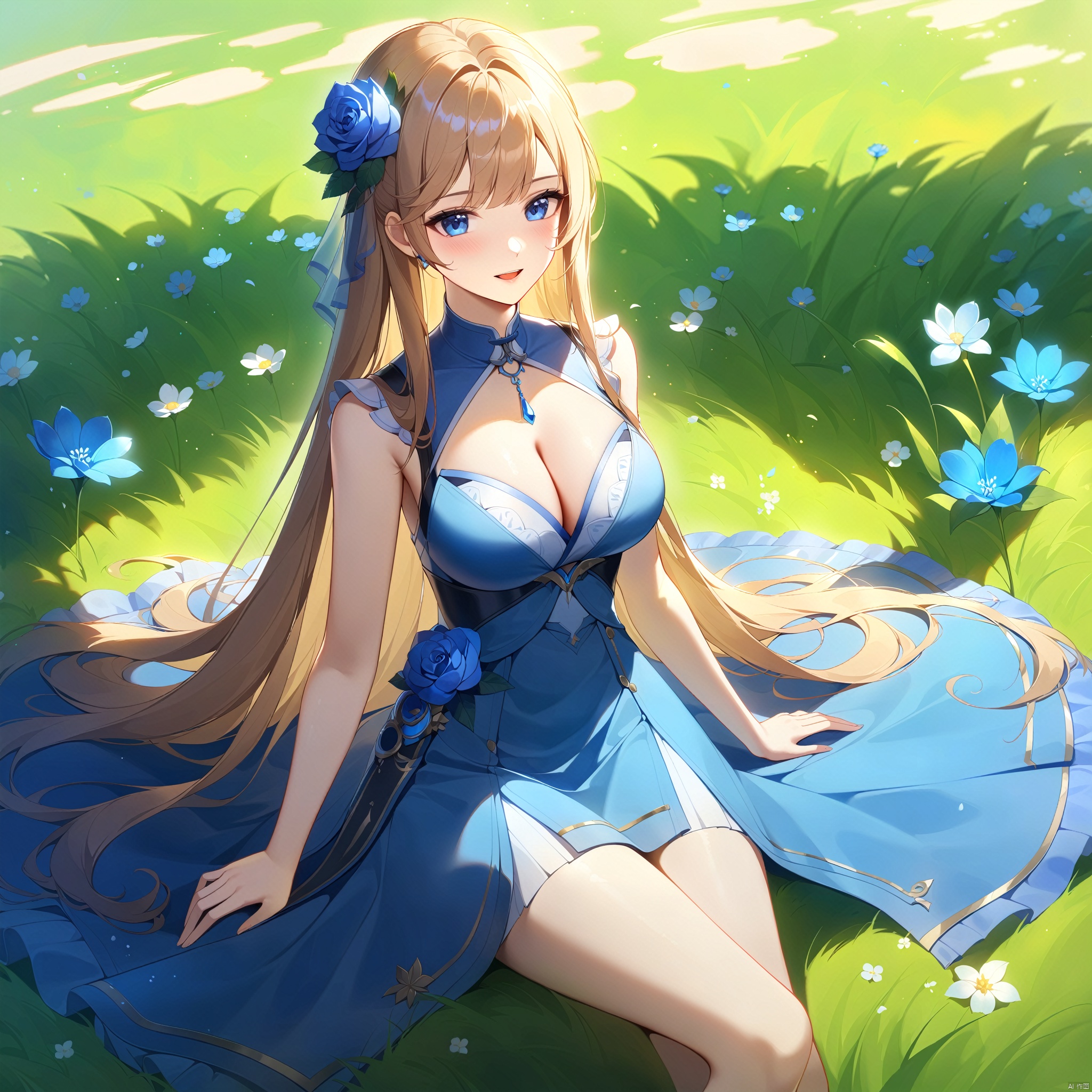 wzgongsunli_f,flower, long_hair, blue_flower, grass, 1girl, breasts, very_long_hair, solo, sitting, blue_rose, cleavage