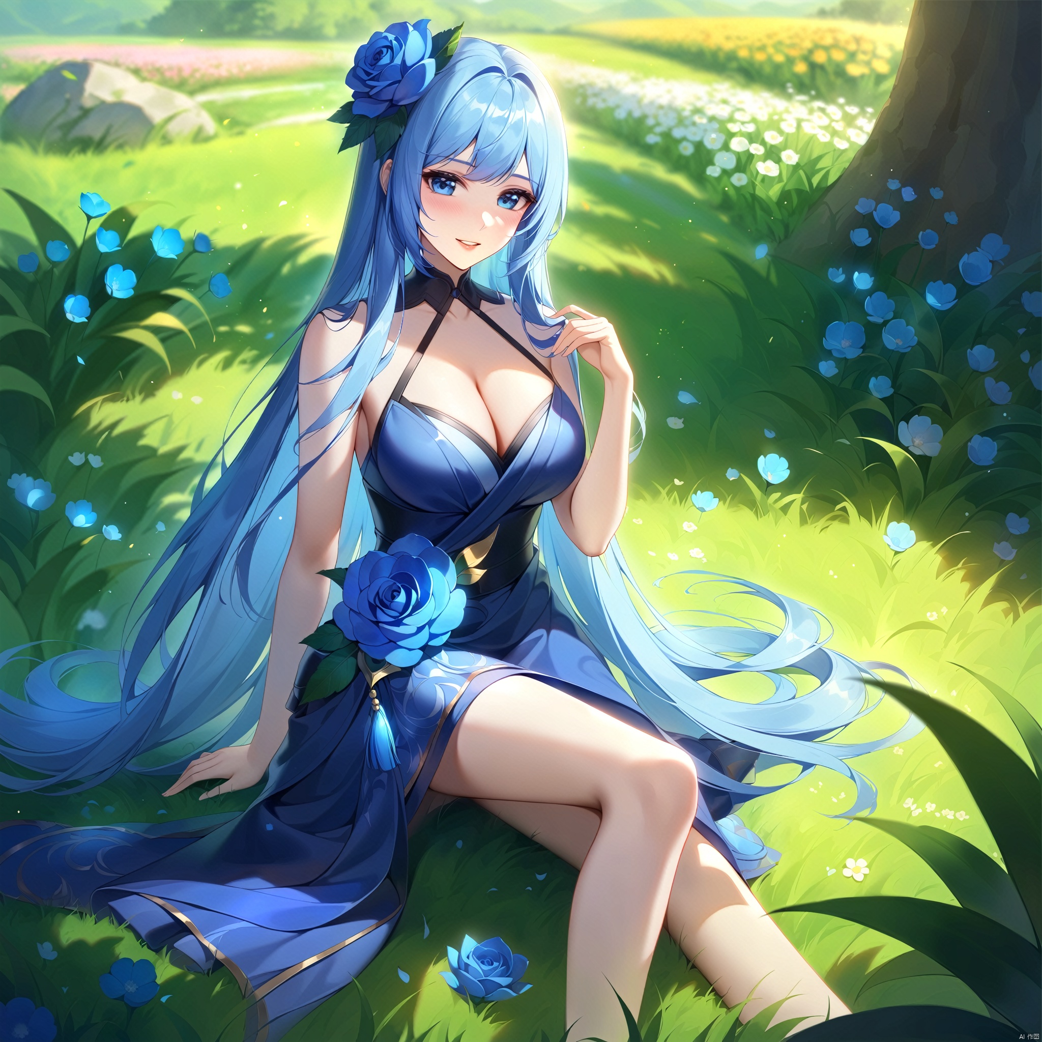 wzgongsunli_f,flower, long_hair, blue_flower, grass, 1girl, breasts, very_long_hair, solo, sitting, blue_rose, cleavage