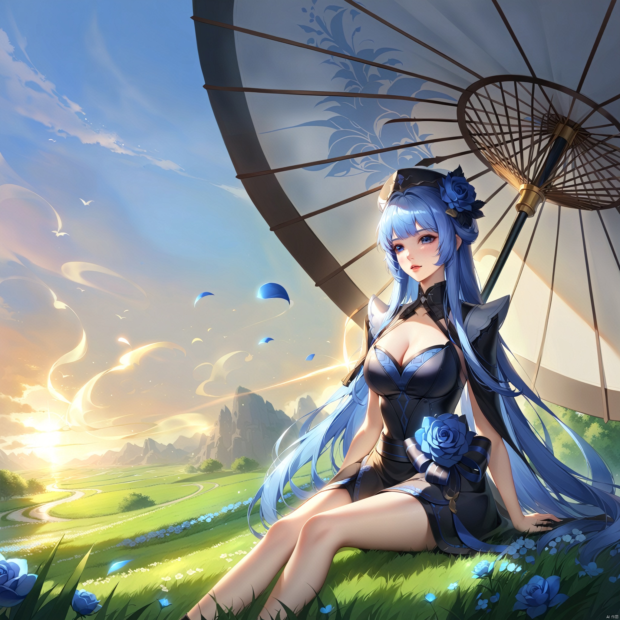 wzgongsunli_f,flower, long_hair, blue_flower, grass, 1girl, breasts, very_long_hair, solo, sitting, blue_rose, cleavage