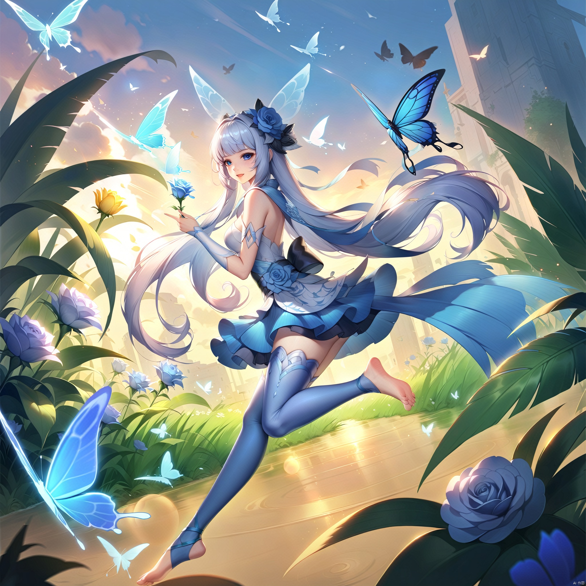 wzgongsunli_a,bug, butterfly, blue_butterfly, flower, 1girl, rose, blue_rose, blue_flower, feet, long_hair, barefoot, glowing_butterfly, thighhighs, white_butterfly, plant