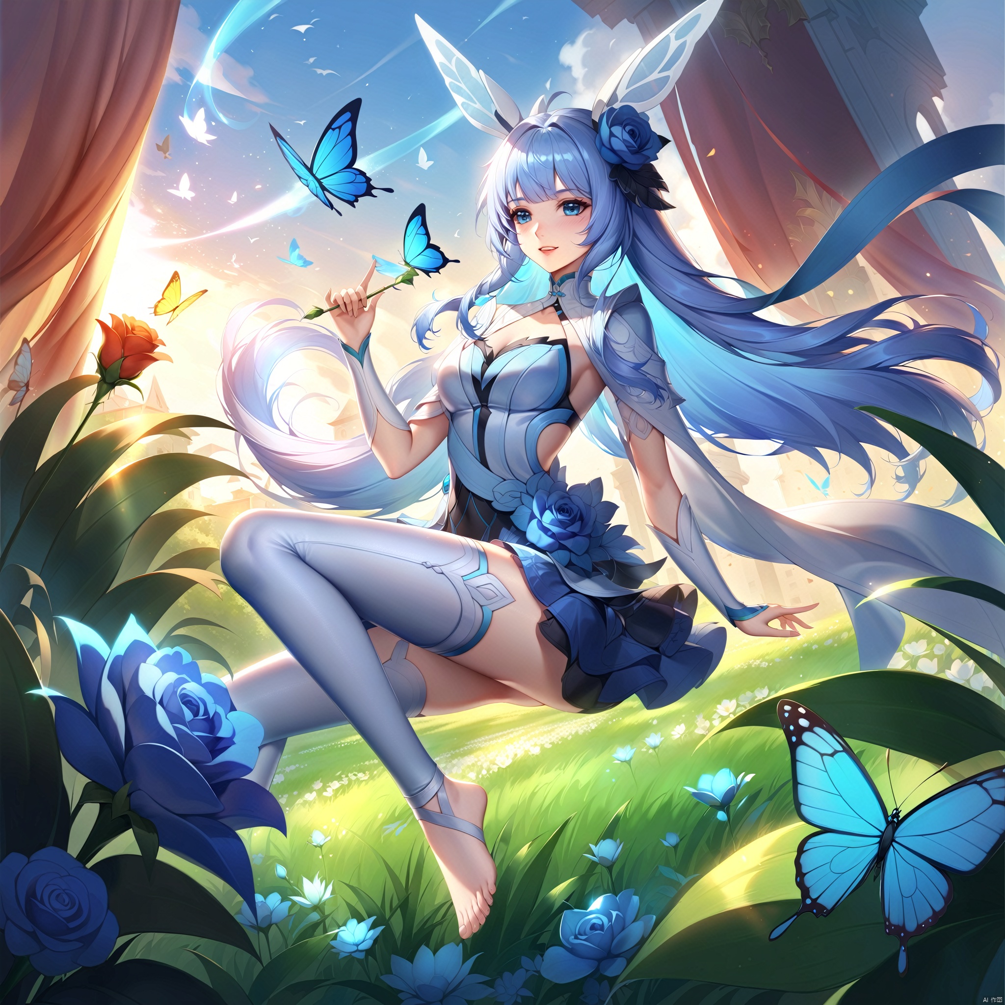 wzgongsunli_a,bug, butterfly, blue_butterfly, flower, 1girl, rose, blue_rose, blue_flower, feet, long_hair, barefoot, glowing_butterfly, thighhighs, white_butterfly, plant