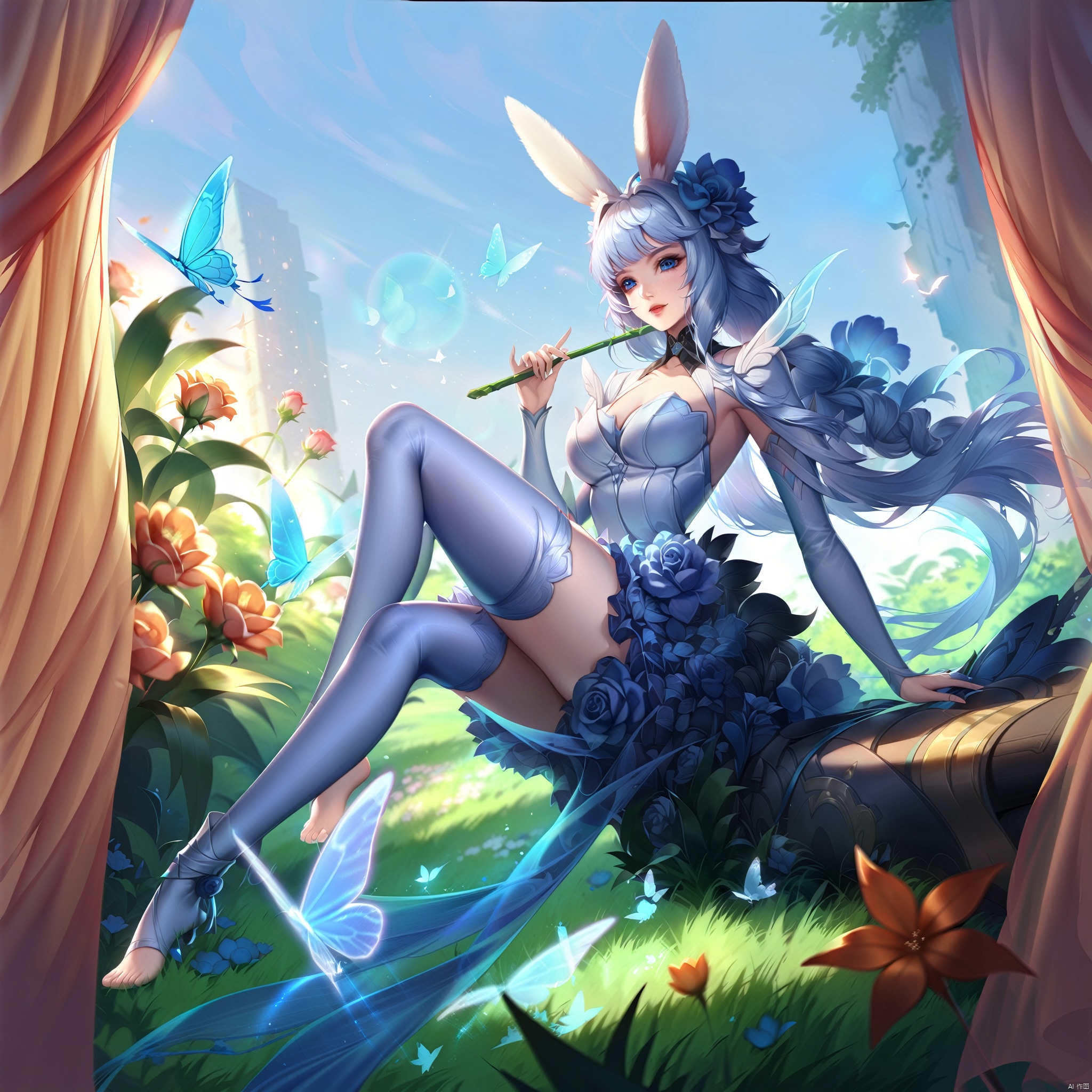 wzgongsunli_a,bug, butterfly, blue_butterfly, flower, 1girl, rose, blue_rose, blue_flower, feet, long_hair, barefoot, glowing_butterfly, thighhighs, white_butterfly, plant