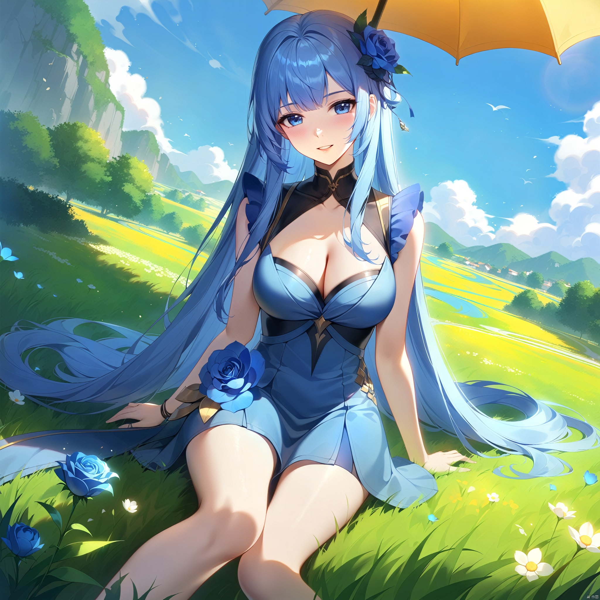 wzgongsunli_f,flower, long_hair, blue_flower, grass, 1girl, breasts, very_long_hair, solo, sitting, blue_rose, cleavage