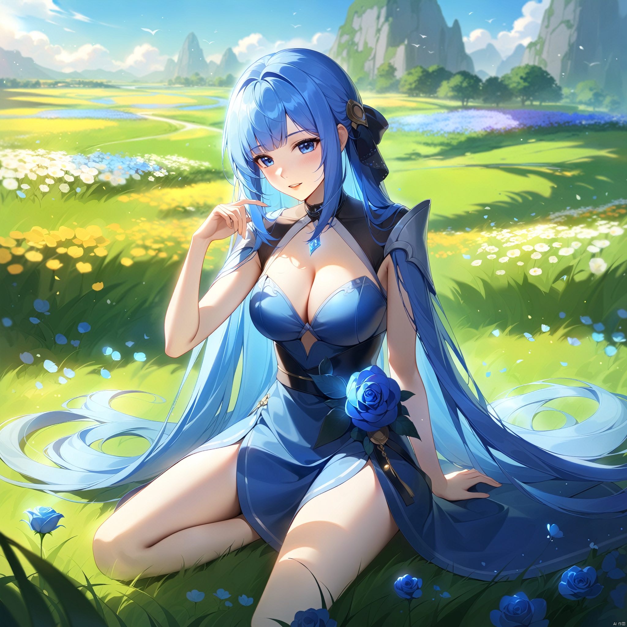 wzgongsunli_f,flower, long_hair, blue_flower, grass, 1girl, breasts, very_long_hair, solo, sitting, blue_rose, cleavage