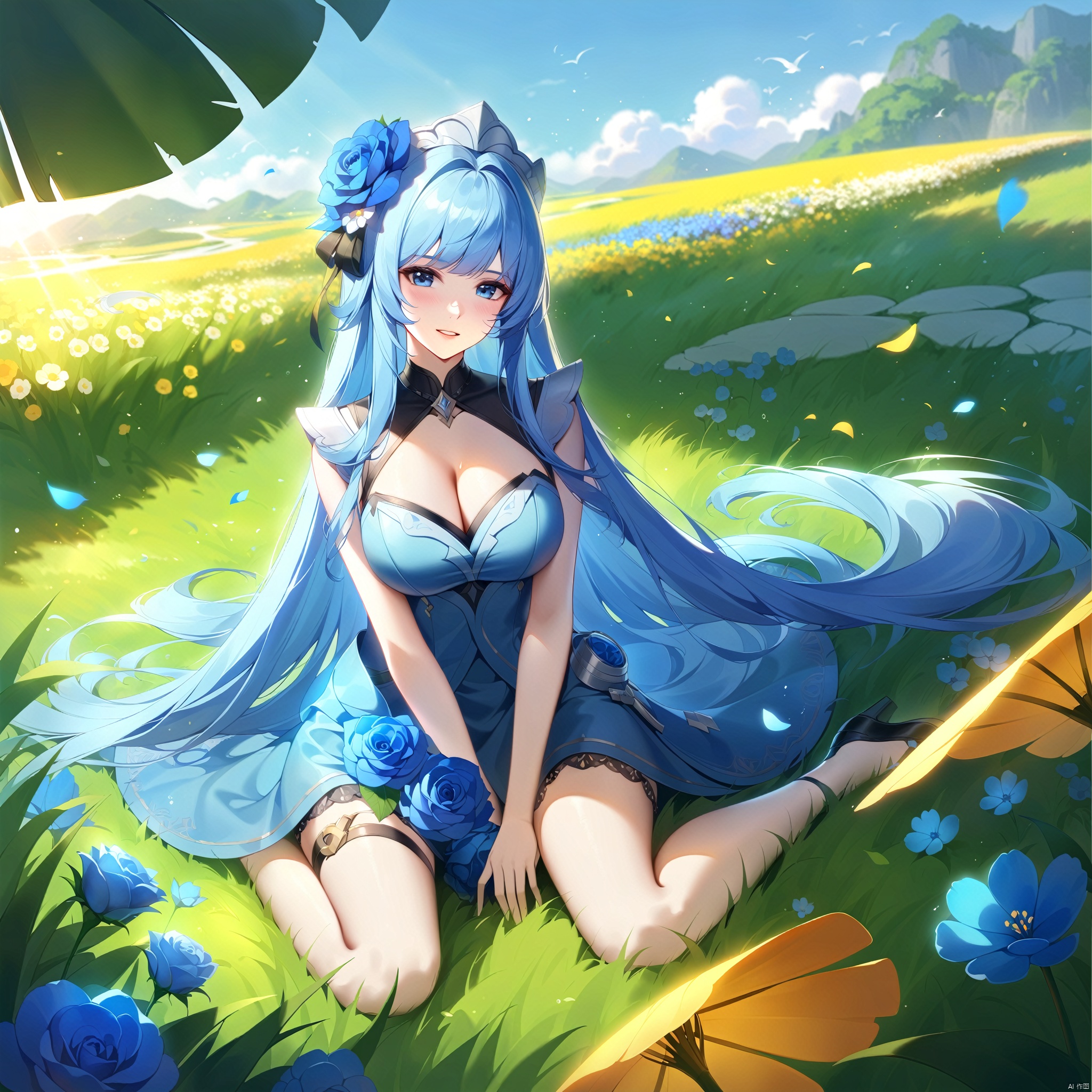 wzgongsunli_f,flower, long_hair, blue_flower, grass, 1girl, breasts, very_long_hair, solo, sitting, blue_rose, cleavage