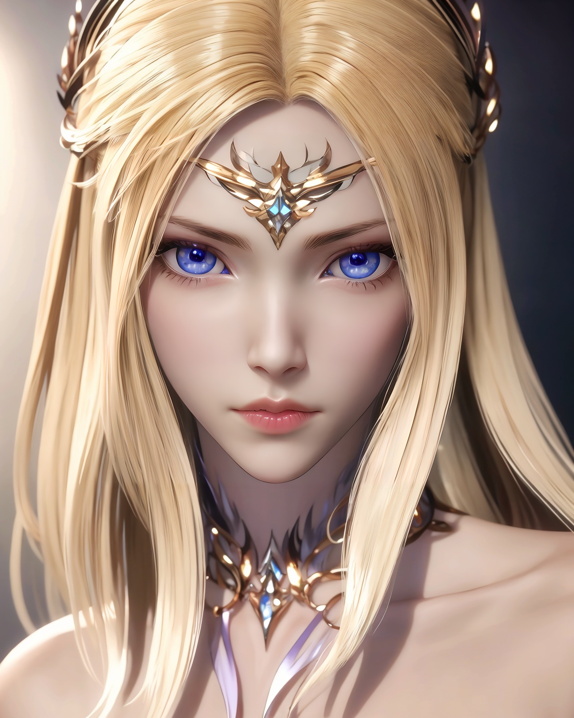 masterpiece,best quality,<lora:千仞雪13lora:0.8>,+qianrenxue,3D,1girl,blonde hair,blue eyes,solo,hair ornament,portrait,looking at viewer,long hair,bare shoulders,