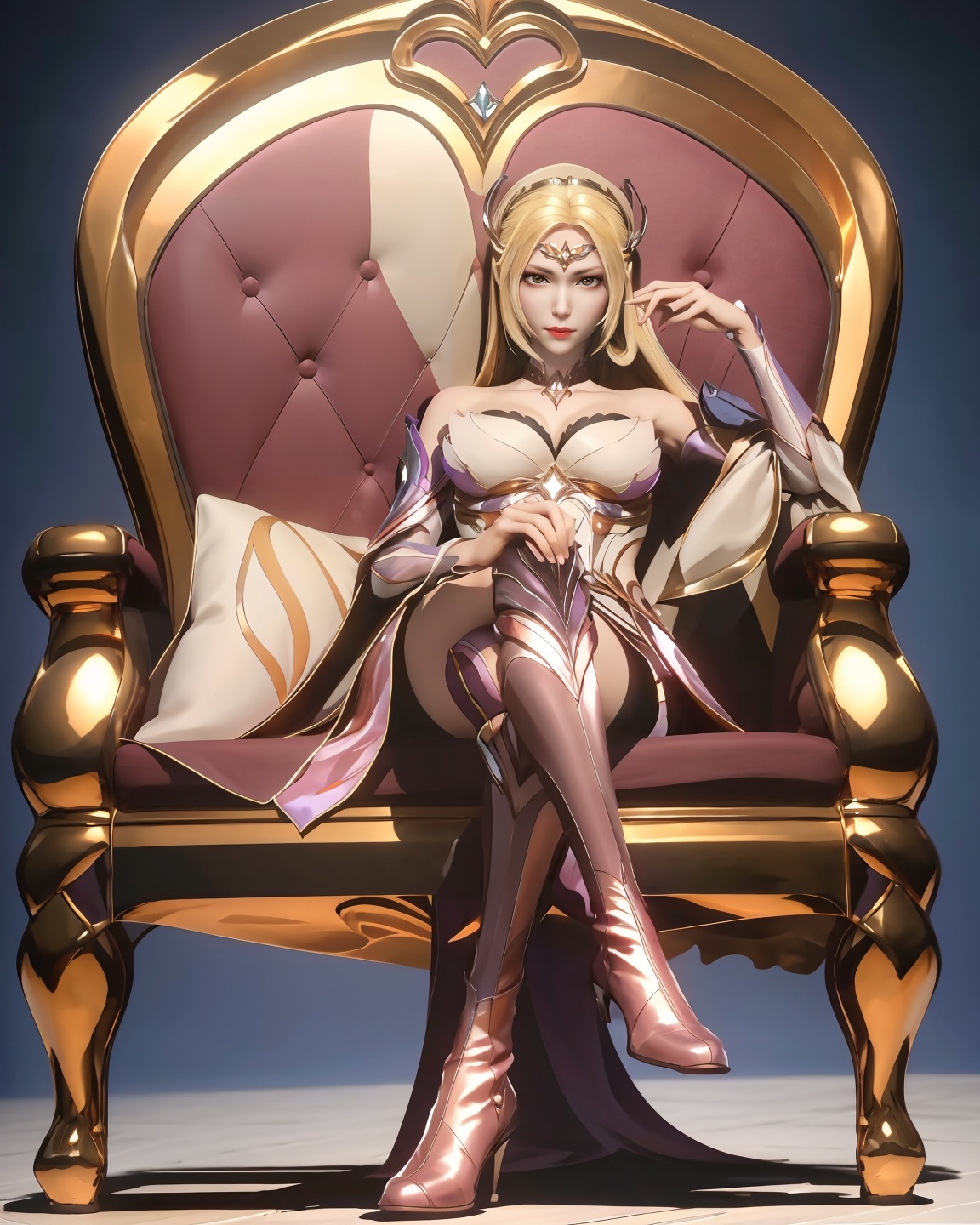 masterpiece,best quality,<lora:千仞雪13lora:0.8>,qianrenxue,3D,1girl,blonde hair,throne,solo,sitting,long hair,boots,bare shoulders,cup,dress,crossed legs,