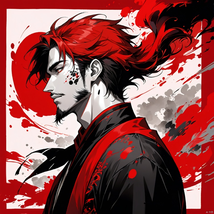 (masterpiece,best quality,),
baixl-shuimo, solo, 1boy, male focus, red theme, hair in wind, profile, paint splatter, ink wash painting, red and black, facial hair,Rich details,line art,