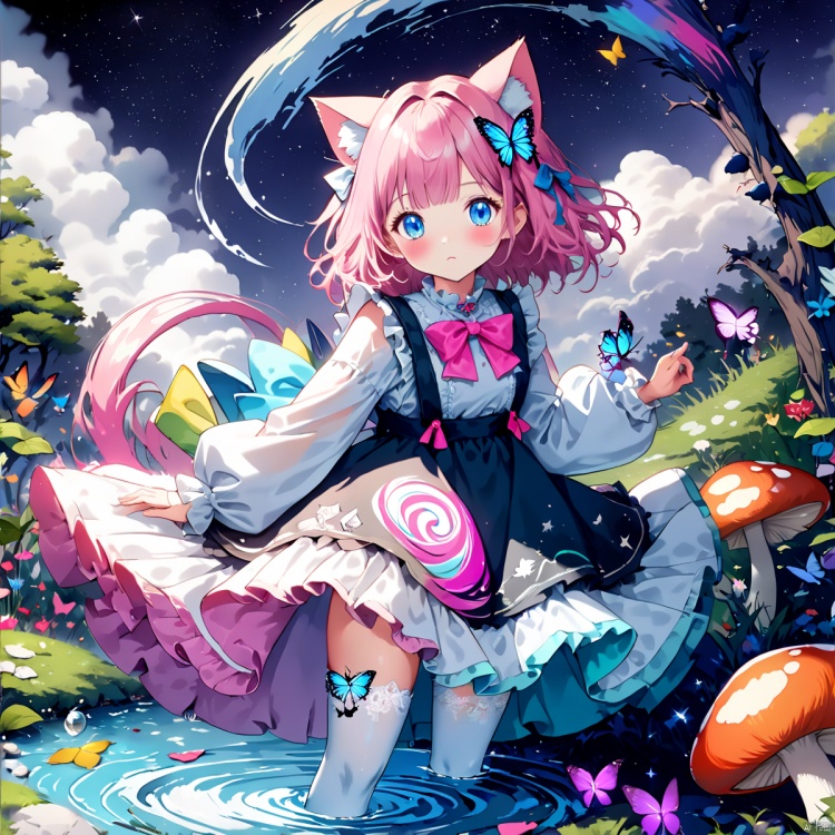 (Highest picture quality), (Master's work), (Detailed eye description), (8K wallpaper),(swirl:1.3),
beautiful girl,(cat ears:1.2),(pink hair),bowtie on neck,blunt bangs, blue eyes,
(1980s), (Detailed face description),
(white background:1.4),(mid shot:0.95),(full body:1.25),Dynamic angle,[Bottle bottom],(swirl:1.3),
surrounded by giant mushrooms and colorful butterflies.no shoes,(wet) clothes,(wet) thighhighs, she explores the strange and wondrous garden. (blush),the color of candyfloss, adorned with a pair of oversized bows.and a butterfly in the other hand. The atmosphere is whimsical and playful, it's clear that she is in her element and enjoying the moment of the fantastical garden.((Starry sky adorns beautiful detailed colorful ink splash dress)),(((colorful))),(multicolored:1.3),(blue),(purple),(yellow),(cyan),black,(green),(((colorful))),(swirl:1.3),