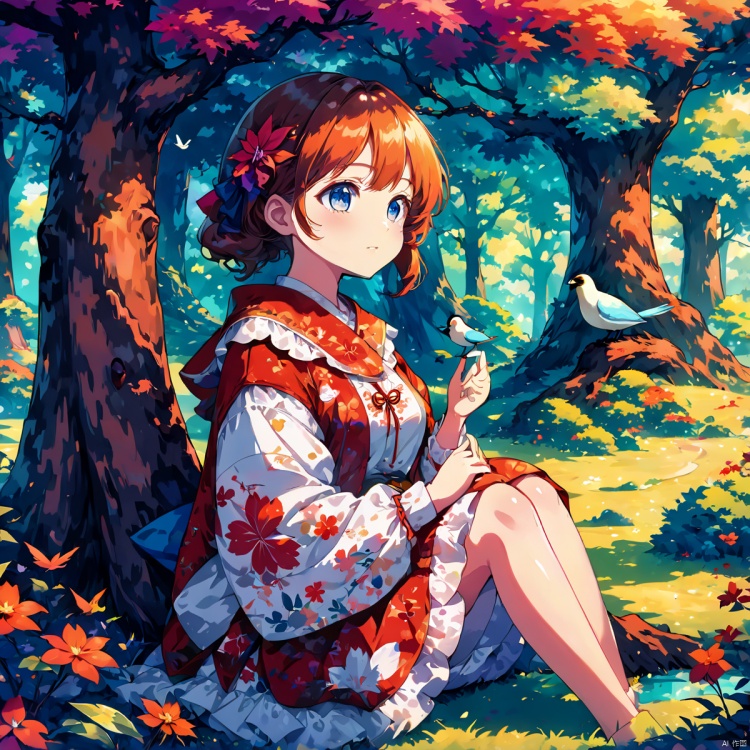 anime girl sitting under a tree with a bird in her hand, anime art wallpaper 4k, anime art wallpaper 4 k, anime style 4 k, beautiful anime artwork, anime art wallpaper 8 k, beautiful anime, beautiful anime girl, beautiful anime art, dreamy psychedelic anime, sitting in a colorful forest, anime girl desktop background, beautiful anime art style, a beautiful artwork illustration