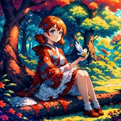 anime girl sitting under a tree with a bird in her hand, anime art wallpaper 4k, anime art wallpaper 4 k, anime style 4 k, beautiful anime artwork, anime art wallpaper 8 k, beautiful anime, beautiful anime girl, beautiful anime art, dreamy psychedelic anime, sitting in a colorful forest, anime girl desktop background, beautiful anime art style, a beautiful artwork illustration