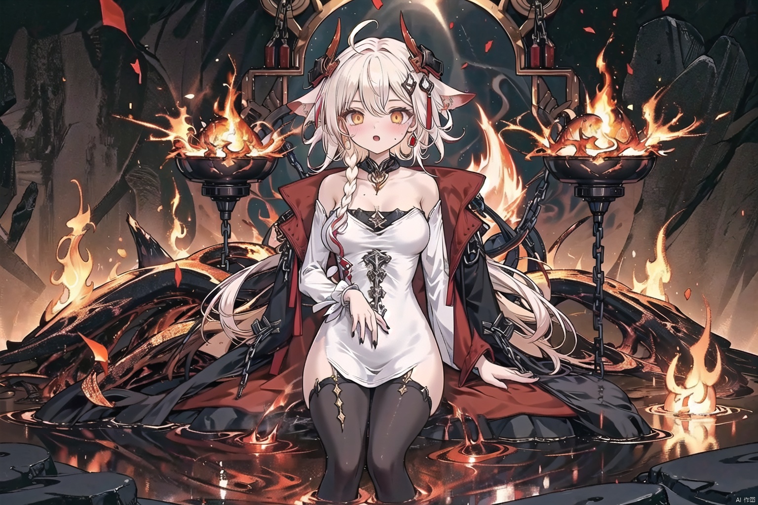 1girl, ((furry ears)), ((red streaked hair)), ((big tail)), ((yellow tail)), ((yellow horns)), ((ear ornament)), ((hair ornament)), ((metal collar)), (bare shoulders), (jacket partially removed), red and black jacket,  ((One-piece stockings)), black gauze, ((black silk socks)), chained, ((big chest)), (thigh bands), (cut armbinder), (long fingernails), yinghuo, ((magma)), ((fire)), ((lava)), full body,((molten rock bath)), long hair
