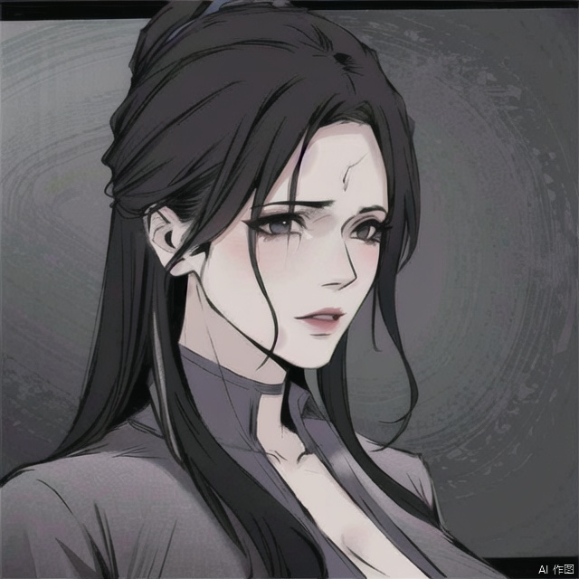 solo, highly detailed, cinematic highlight hair, (best quality), ((masterpiece)),1girl, black hair,simple_background, long hair, ((portrait)),big_breasts,purple clothes, ning,NB,