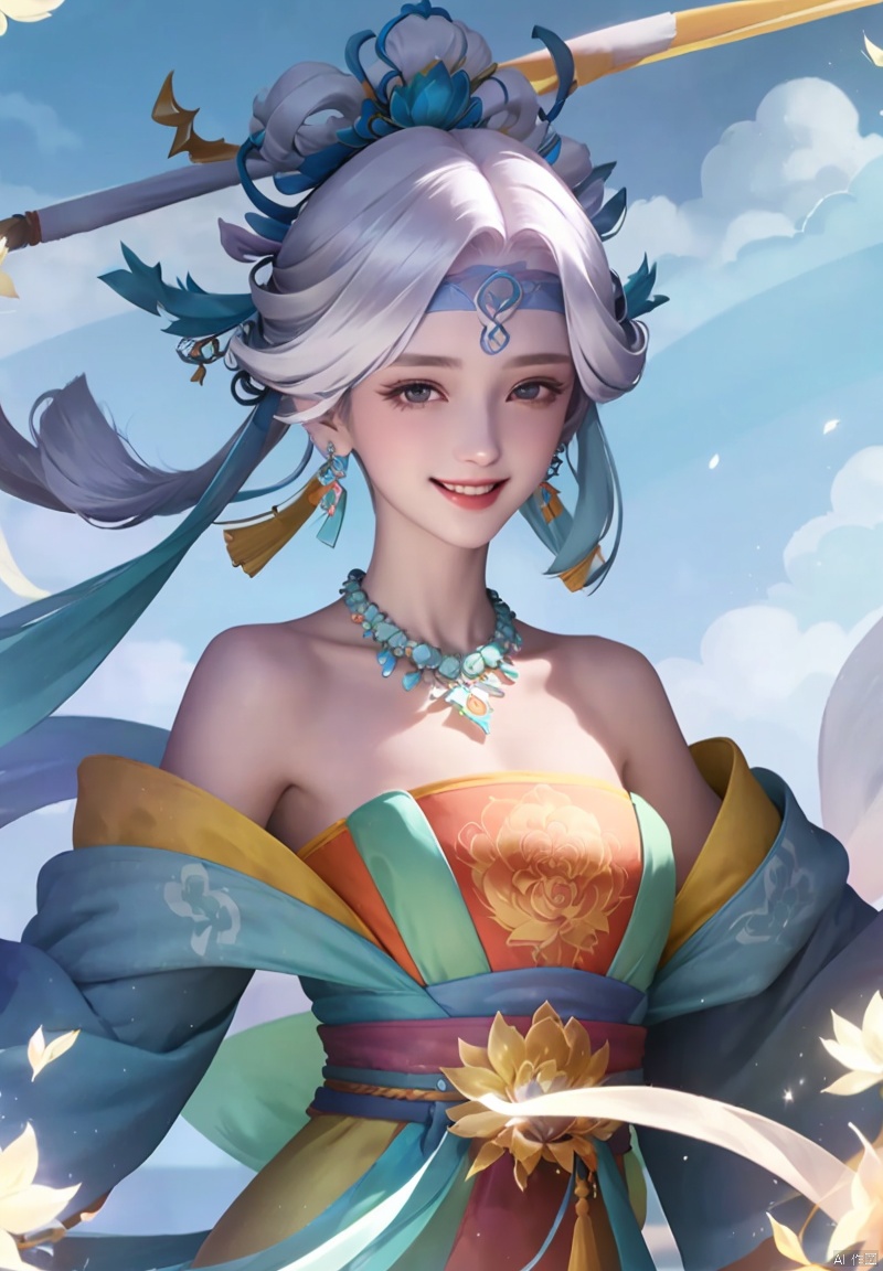 1girl, solo, smile, hair ornament, dress, bare shoulders, jewelry, upper body, flower, white hair, earrings, necklace, facial mark, chinese clothes, forehead mark, hair stick