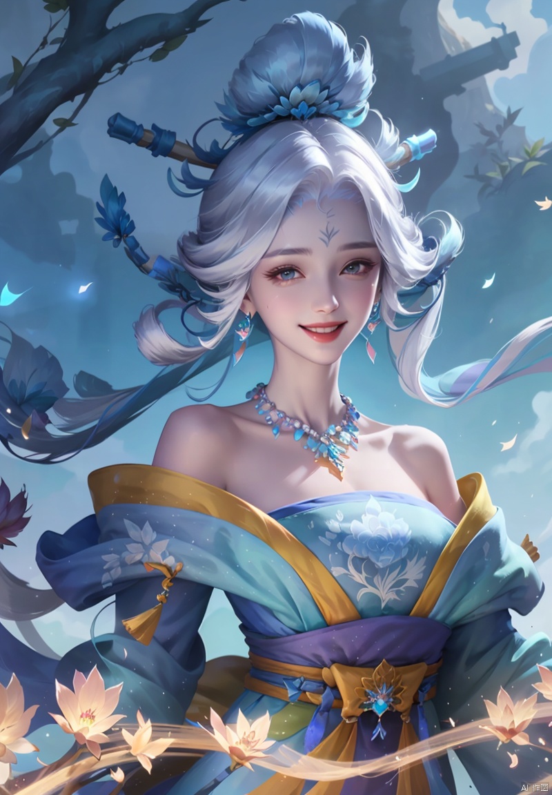 1girl, solo, smile, hair ornament, dress, bare shoulders, jewelry, upper body, flower, white hair, earrings, necklace, facial mark, chinese clothes, forehead mark, hair stick