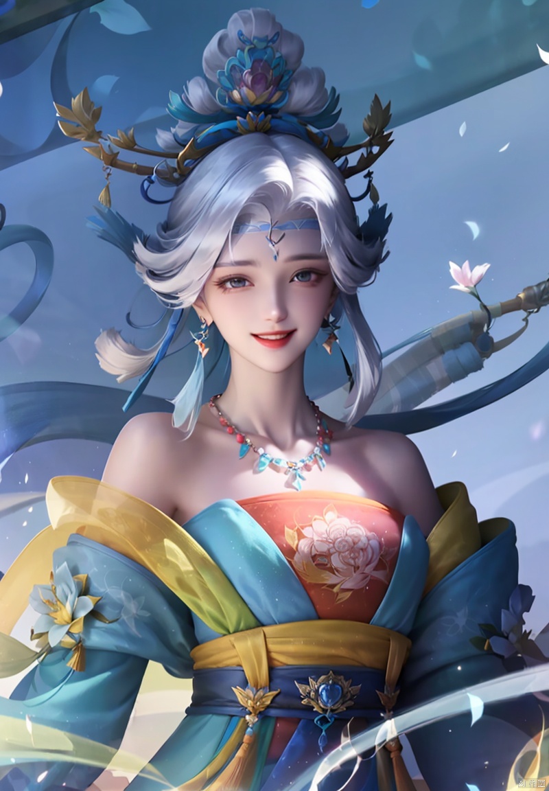1girl, solo, smile, hair ornament, dress, bare shoulders, jewelry, upper body, flower, white hair, earrings, necklace, facial mark, chinese clothes, forehead mark, hair stick