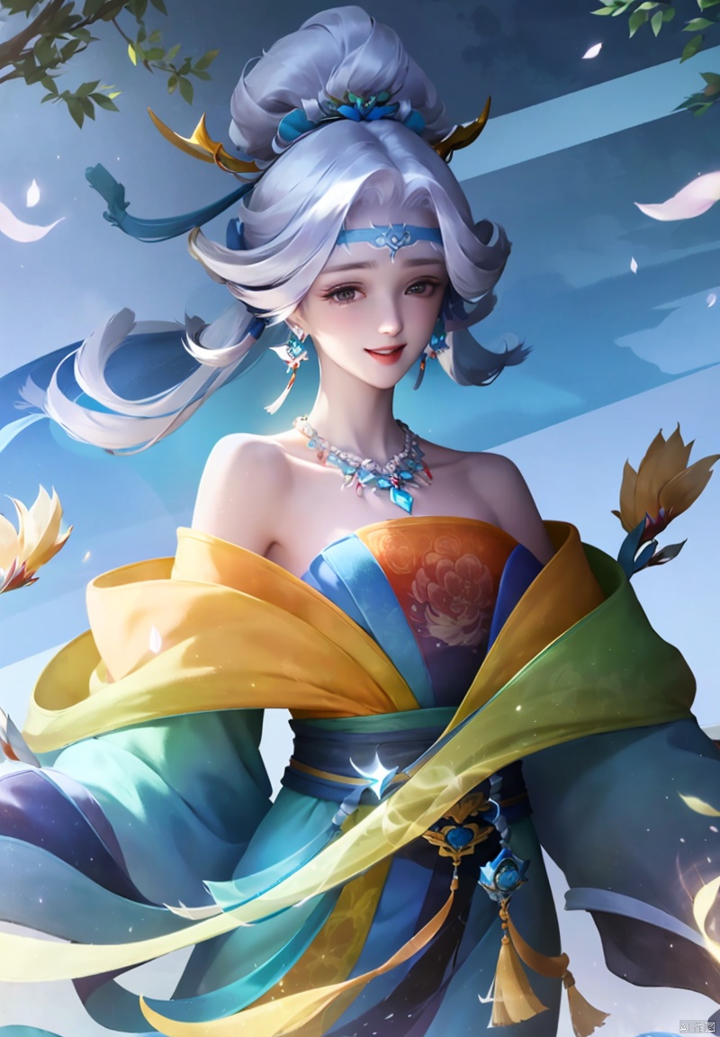 1girl, solo, smile, hair ornament, dress, bare shoulders, jewelry, upper body, flower, white hair, earrings, necklace, facial mark, chinese clothes, forehead mark, hair stick