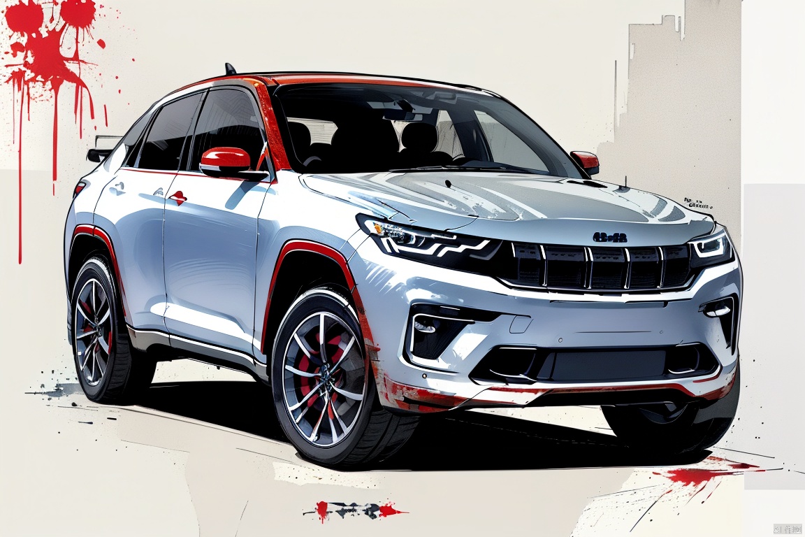  jeep,(red paint: 1.2),blue splash background, morautdes, Metal handmade, FANTASY