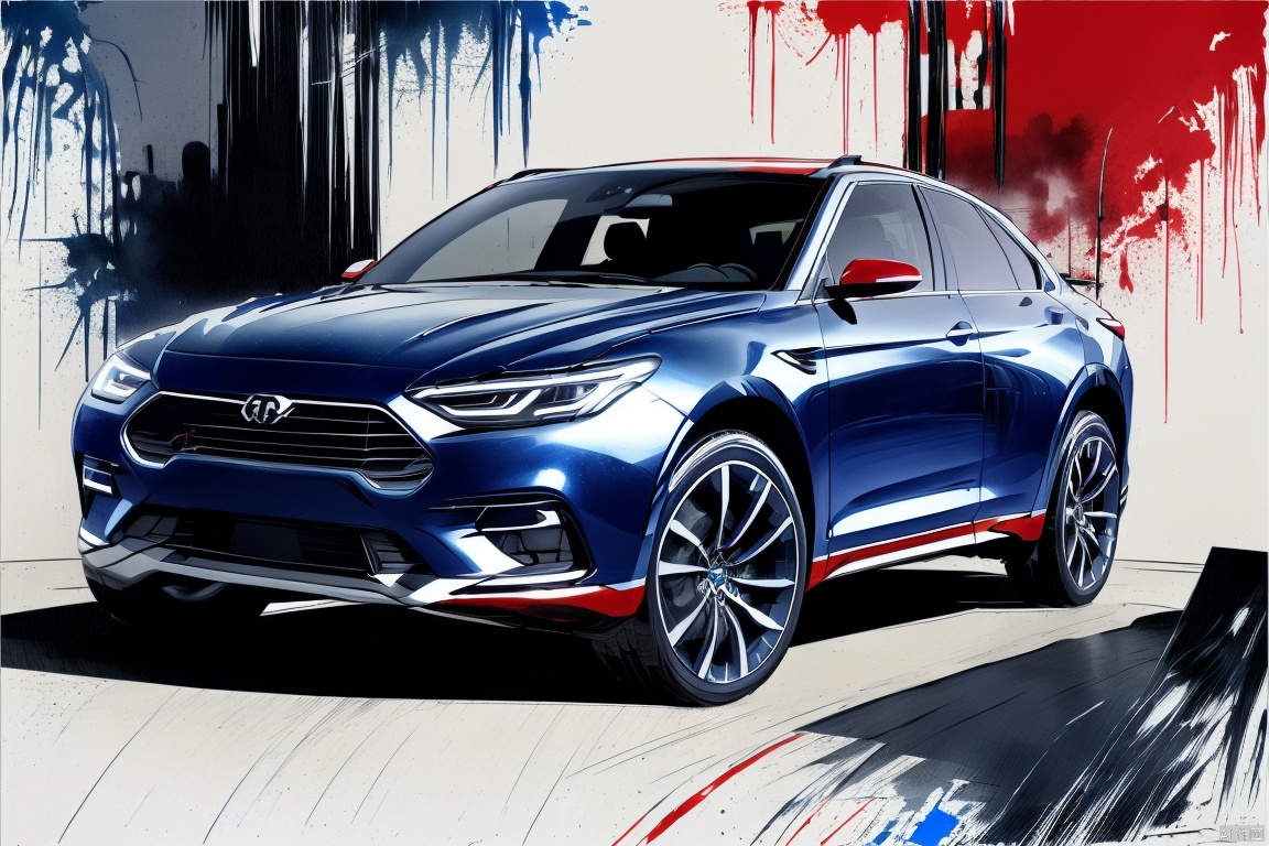  suv,(blue paint: 1.2),red splash background, morautdes