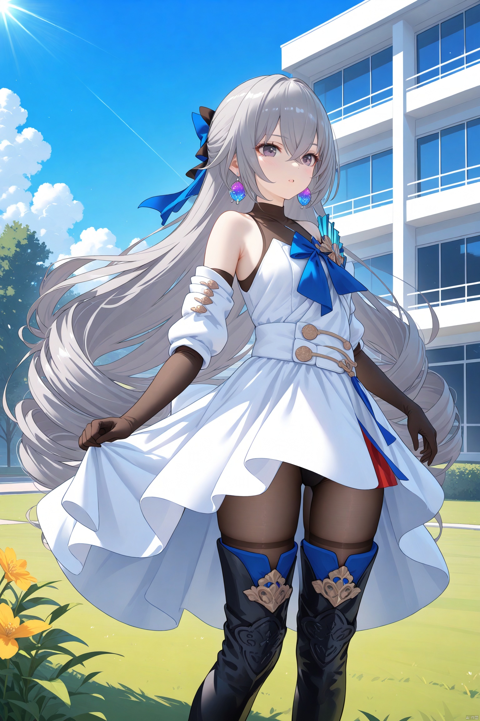  1girl,solo,(masterpiece:1.3),( beautiful:1.2),(high quality:1.2),(finely detailed:1.2),extremely detailed CG unity 8k wallpaper,best quality,a very delicate and beautiful,perfect fingers,(one cute girl at the center:1.2),
long hair, bangs, thighhighs, gloves, dress, hair between eyes, bare shoulders, jewelry, grey hair, earrings, boots, sleeveless, black gloves, elbow gloves,

white dress, grey eyes, thigh boots, drill hair, brown gloves, bronya zaychik, parted_lips, outdoors, blue sky,sunlight, clouds, school building,lawn, cowboy, standing, bronyaSR