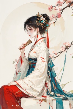 1girl, solo, long hair, black hair, hair ornament, long sleeves, white background, dress, holding, jewelry, sitting, closed mouth, flower, earrings, hand up, from side, profile, makeup, chinese clothes, hand fan, red nails, red lips, holding fan, hanfu