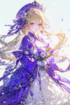  1girl, bangs, blonde_hair, blue_flower, blue_rose, bouquet, bow, breasts, dress, eyebrows_visible_through_hair, floating_hair, floral_background, flower, gloves, hair_between_eyes, hat, hat_ribbon, holding, holding_bouquet, holding_flower, hydrangea, long_hair, looking_at_viewer, mob_cap, puffy_short_sleeves, puffy_sleeves, purple_dress, purple_flower, purple_rose, red_bow, red_eyes, red_ribbon, ribbon, ribbon-trimmed_sleeves, ribbon_trim, rose, short_sleeves, simple_background, smile, solo, very_long_hair, white_background, white_flower, white_gloves, white_headwear, wind, yakumo_yukari, guoflinke