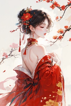 1girl, solo, black hair, hair ornament, long sleeves, dress, bare shoulders, jewelry, closed mouth, closed eyes, upper body, flower, earrings, hair flower, off shoulder, from side, makeup, chinese clothes, red dress, red flower, backless outfit, branch, red lips