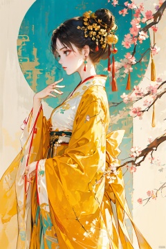 1girl, solo, breasts, black hair, hair ornament, long sleeves, dress, jewelry, closed mouth, standing, earrings, indoors, hand up, wide sleeves, hair bun, from side, tree, profile, chinese clothes, single hair bun, branch, bare tree, yellow theme, hanfu